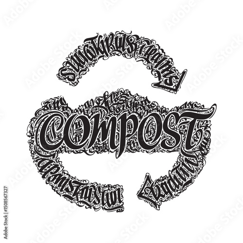 Artistic compost recycling symbol illustration with intricate gr