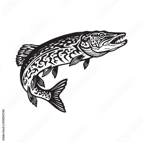 Detailed Pike Fish Illustration with Tribal Tattoo Style, black