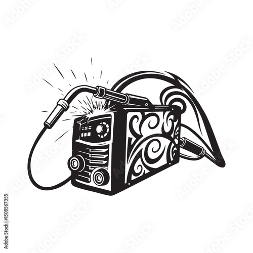 Welding Machine with Tribal Tattoo Icon, Black and White Vector