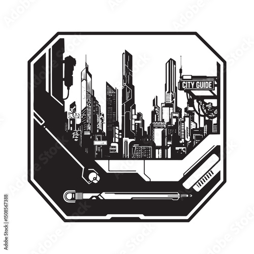 Cyberpunk City Guide, Black and White Vector Illustration for Me