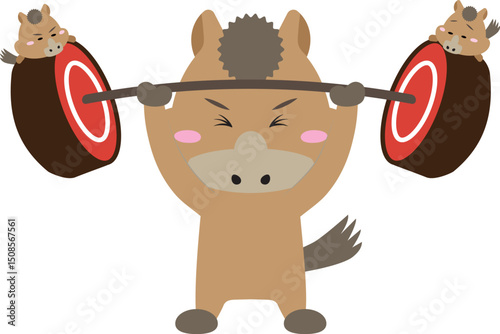 がんばる馬キャラの重量挙げチャレンジ！午年のかわいい干支イラスト