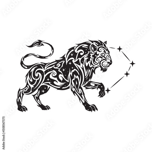Leo Constellation with Tribal Tattoo Style in Black and White Ve