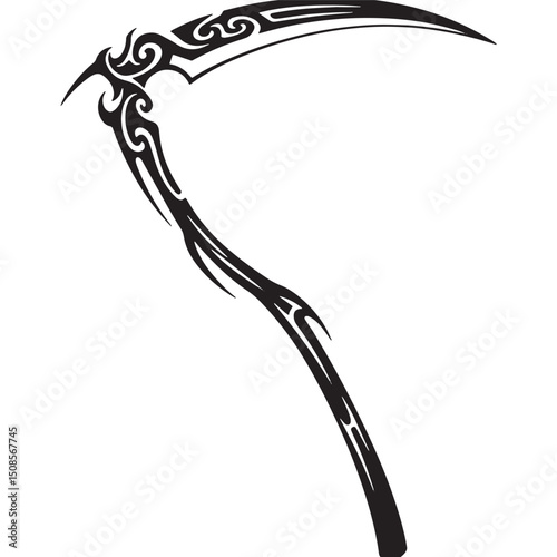 Intricate tribal tattoo style scythe of death icon, black and wh