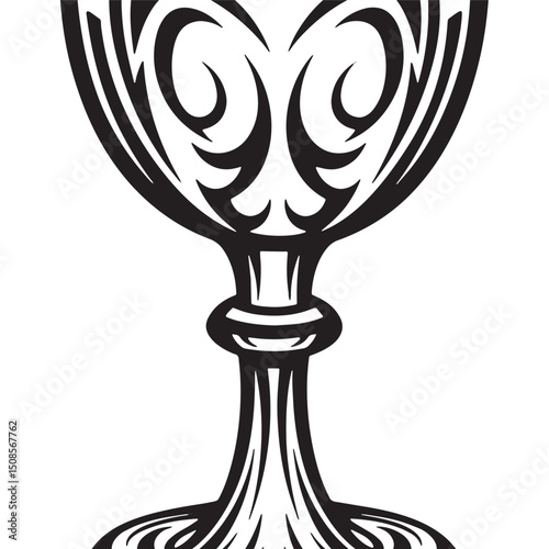 Elegant chalice icon with tribal tattoo, intricate design, black