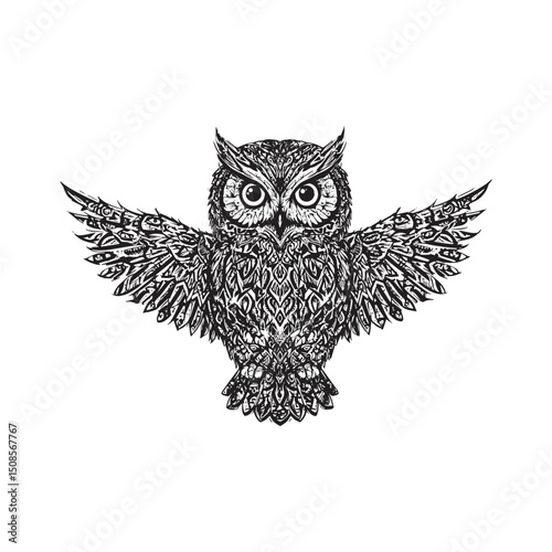 Striking black and white owl vector illustration with tribal des