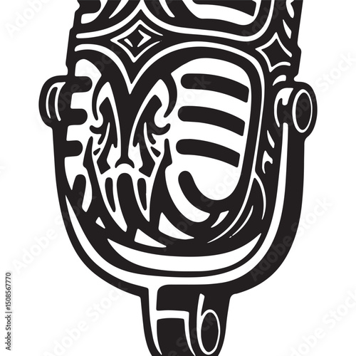 Tribal Tattoo Style Podcast Microphone Black and White Vector Ar
