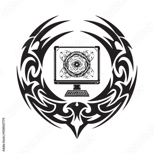 Quantum Computing Enclosed in Tribal Tattoo Design for Apparel P