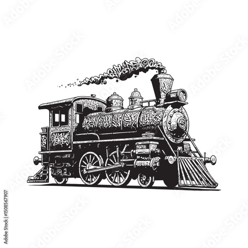 Vintage Steam Engine with Graffiti Art, Black and White Vector I