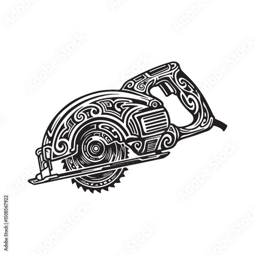 Stylized electric saw with intricate tribal design, black and wh