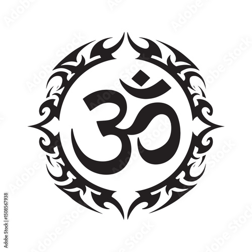 Om Aum Symbol with Tribal Tattoo Style Border for Apparel Print