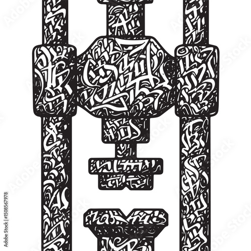 Hydraulic press with abstract graffiti, monochrome vector graphi