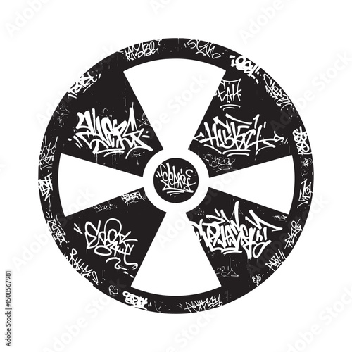 Edgy Nuclear Warning Sign with Graffiti, a Black and White Vecto