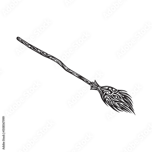 Intricate Witch's Broomstick Icon with Tribal Tattoo Art Style D