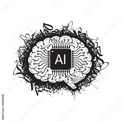 Intricate AI Brain Chip Icon with Graffiti Accents Vector Artwor