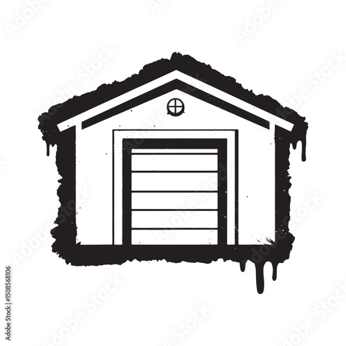 Monochrome vector illustration of warehouse with dripping paint
