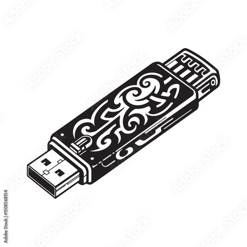 Tribal Tattoo Style Zip Drive, Black and White Vector Illustrati