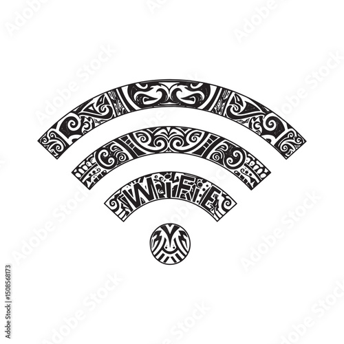 Unique Black and White Wi-Fi Icon with Tribal Tattoo Design for