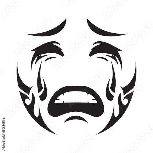 Tribal Tattoo Style Crying Face Icon, Vector Art for Apparel Pri