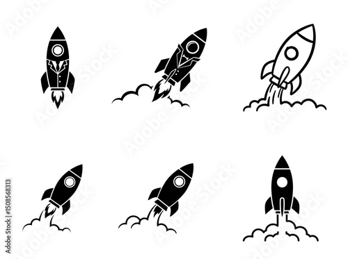 Vector rocket icons with transparent background displaying launching rockets and copy space