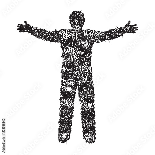Stylized figure silhouette composed of dynamic graffiti letterin