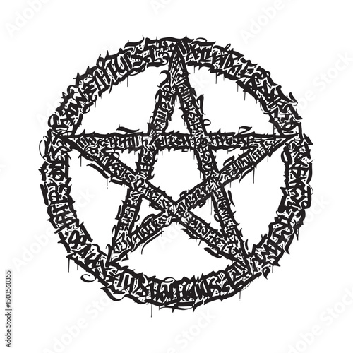 Stylized pentagram emblem with chaotic typography, black and whi