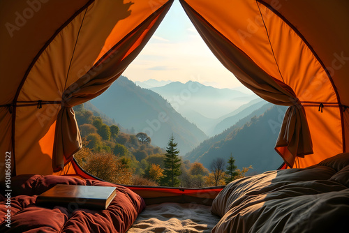 Interior of orange tent framing misty mountain view with sleeping bags and book ideal for outdoor travel promotions