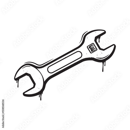 Wrench Icon with Dripping Paint Stencil, Black and White Vector