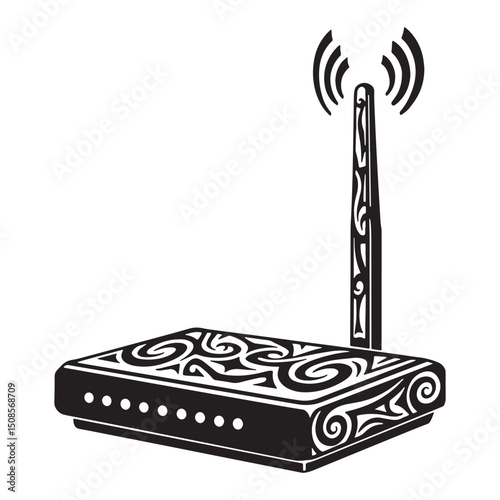 Stylized Wi-Fi Router Icon with Tribal Tattoo Art for Modern App