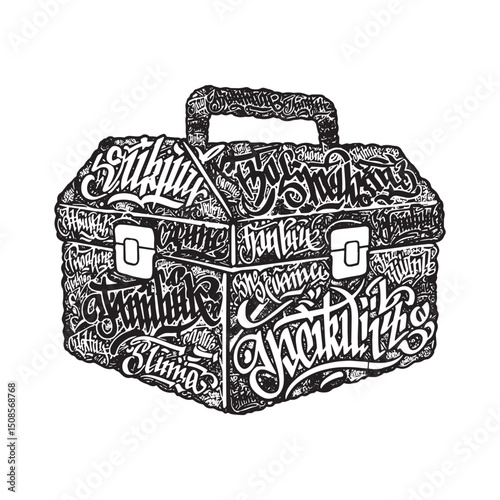 Toolbox Covered in Graffiti Art, Black and White Vector Illustra