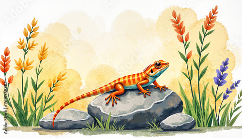Colorful lizard resting on a rock surrounded by wildflowers  