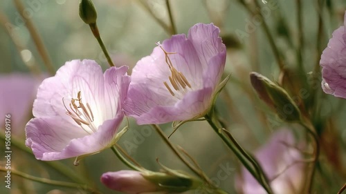 Close-up of a blooming pink evening primrose wildflower with soft light illuminating its delicate petals and stamen in a natural setting.