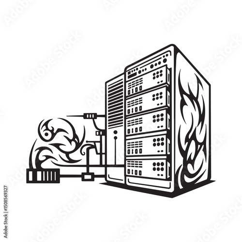 Tribal Tattoo Style Data Center Icon Black and White Vector Desi