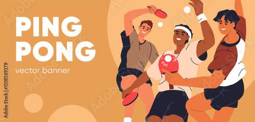 Ping pong, table tennis, sport game tournament, promotion banner design. Pingpong background with men athletes at international championship, match with rackets and ball. Flat vector illustration.