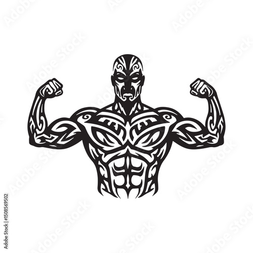 Powerful Tribal Tattoo Man with Strong Arms Vector Print Design
