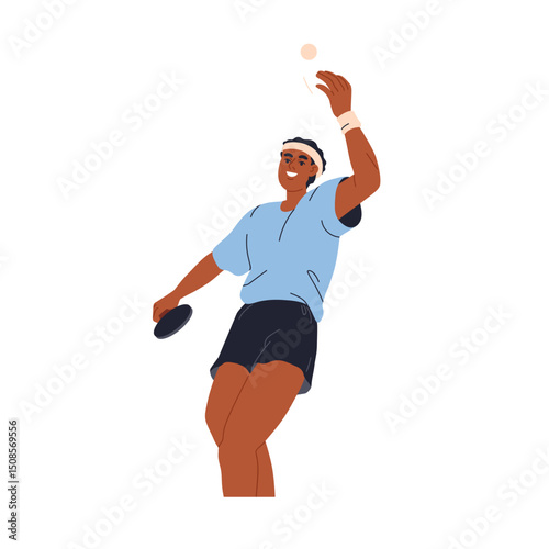 Ping pong player. African-American male athlete playing with racquet, holding racket paddle and striking ball during table tennis match. Flat vector illustration isolated on white background.