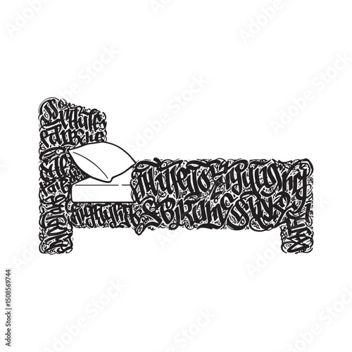 Stylized monochrome bed illustration with unique calligraphic gr