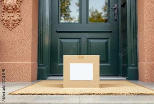 Cardboard box with blank label on a doormat in front of a green door, outdoor daylight scene, concept of home delivery or e-commerce. Ai generative