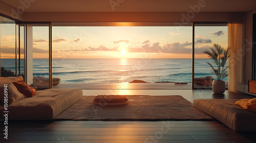 Luxury beach house living room, modern architecture, ocean front property landscape. Sleek contemporary designer furniture, minimalist deco interior, large window, panoramic coastal view background