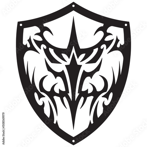 Aegis Shield Icon with Tribal Tattoo Art, Defense Symbol for Mer