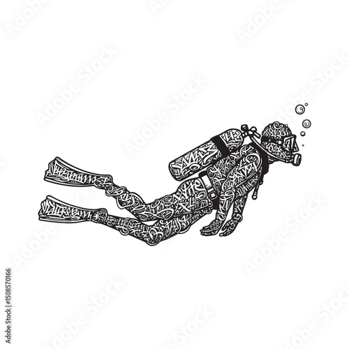 Intricate Scuba Diver Vector Illustration with Graffiti Style Ta