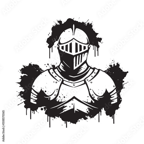 Intricate Knight's Armor Icon with Stencil Paint Drips in Vector
