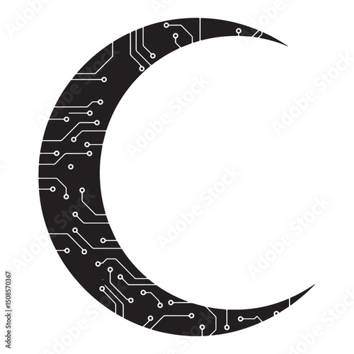 Cyberpunk Waning Crescent Moon with Circuit Board Pattern for Ap