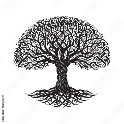 Detailed Yggdrasil Tree Vector Illustration with Tribal Tattoo E