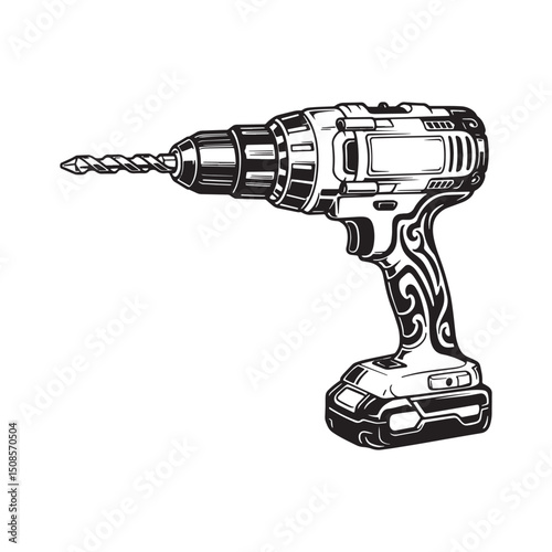 Stylized Cordless Drill with Tribal Tattoo Design for Apparel Pr