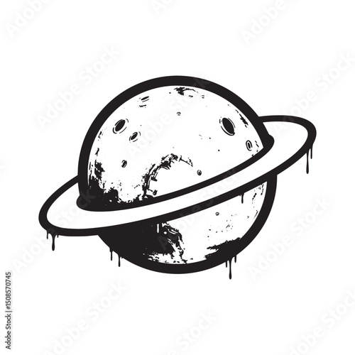 Pluto Glyph Icon with Stencil Dripping Paint Black and White Vec