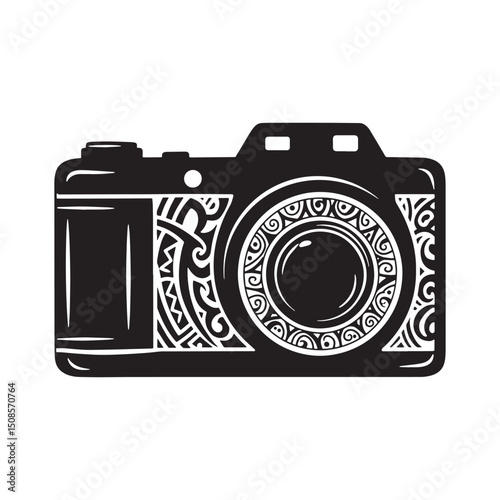 Stylized camera icon with tribal tattoo elements for merchandise