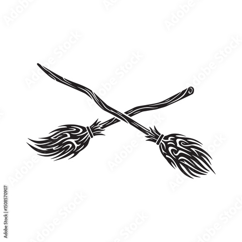Mystical Witch's Broomsticks with Tribal Tattoo Art for Apparel