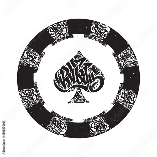 Poker Chip with Graffiti Tags, Black and White Vector Illustrati