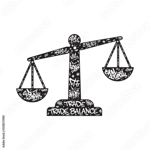 Stylized Trade Balance Icon with Graffiti Tags, Black and White