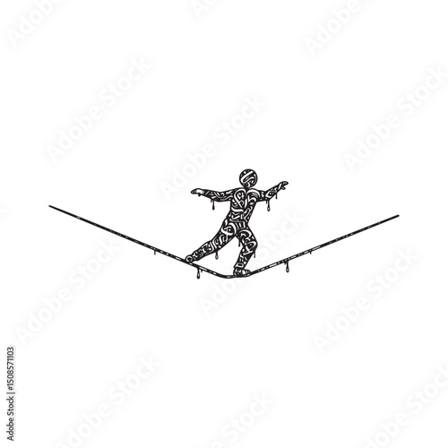 Unique black and white vector illustration of a slackliner perfo